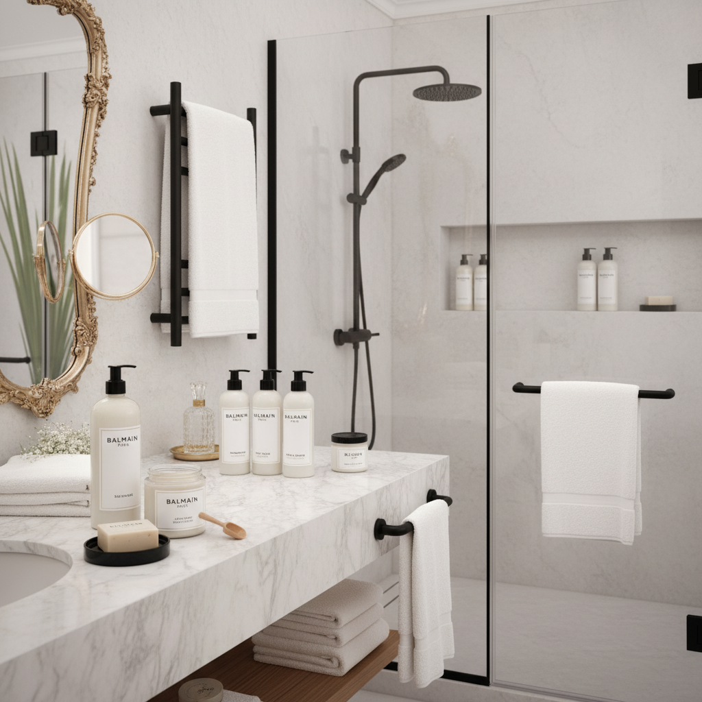 Balmain Paris Luxury Bath & Body Set displayed in luxury hotel bathroom - complete collection