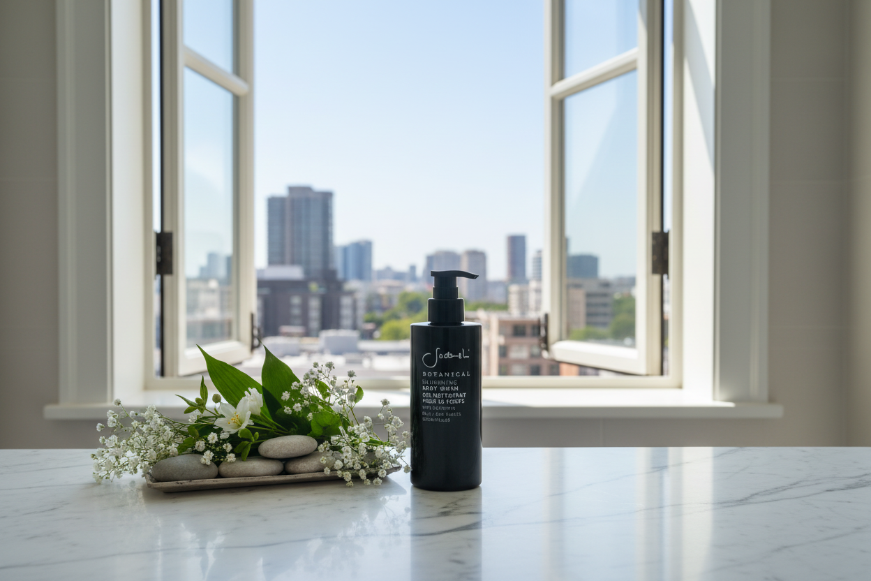 Sodashi Botanical Body Lotion on luxury marble bathroom counter at St. Regis hotel
