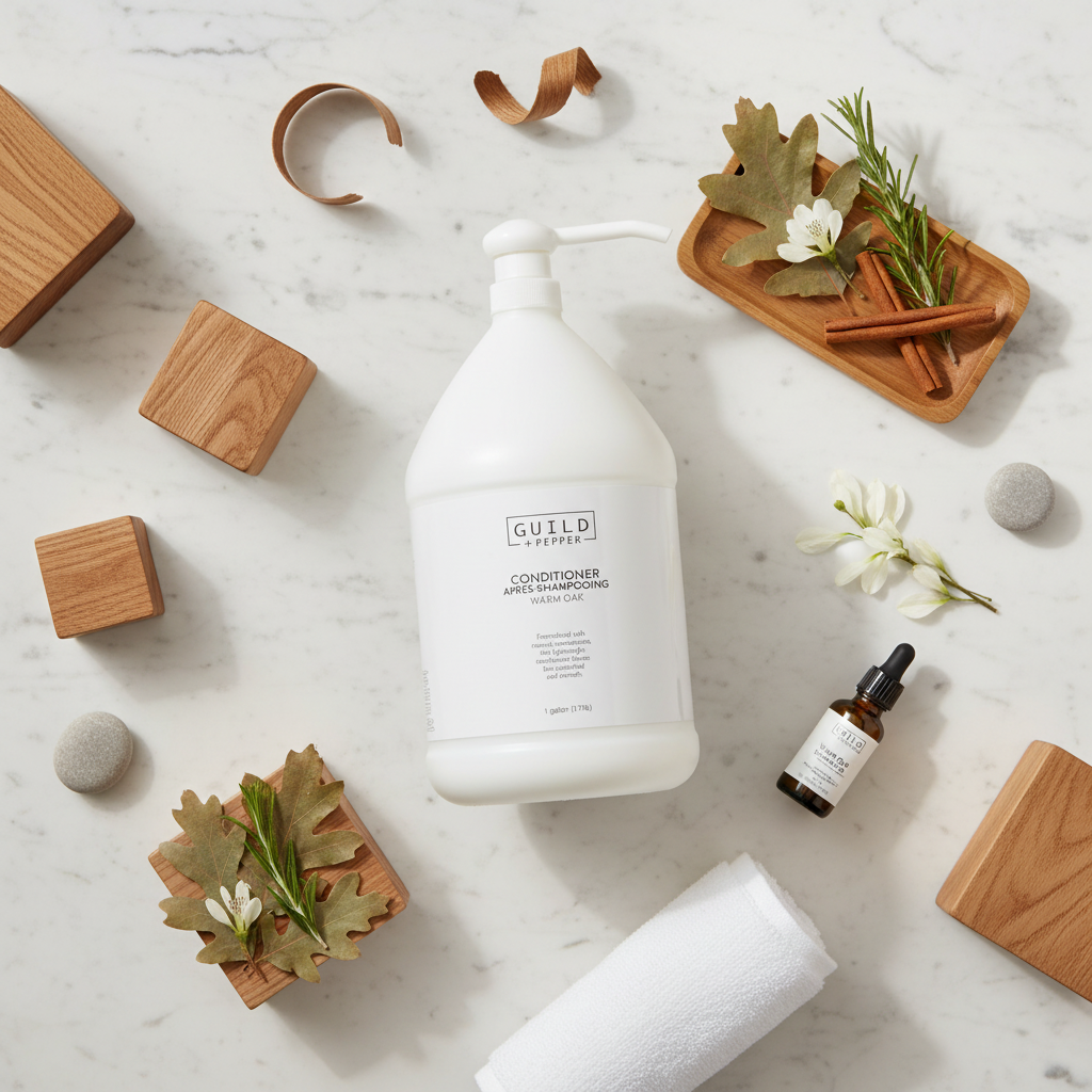 Guild+Pepper Conditioner 1 Gallon - bulk hotel conditioner on marble flat lay with warm oak elements