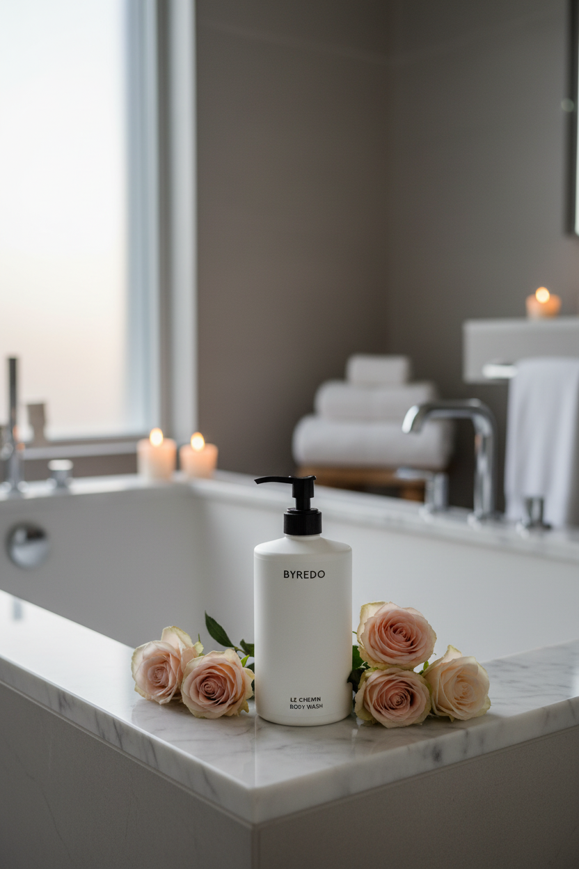Byredo Le Chemin Body Wash on luxury bathtub edge with fresh roses candles spa atmosphere - hotel quality body care