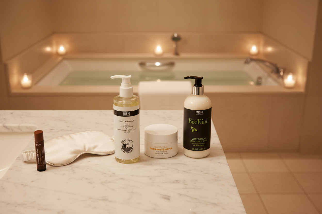 Suite Dreams Self-Care Kit luxury spa bathroom setting with hotel amenity products on marble vanity soaking tub candles in background five star hotel gift set