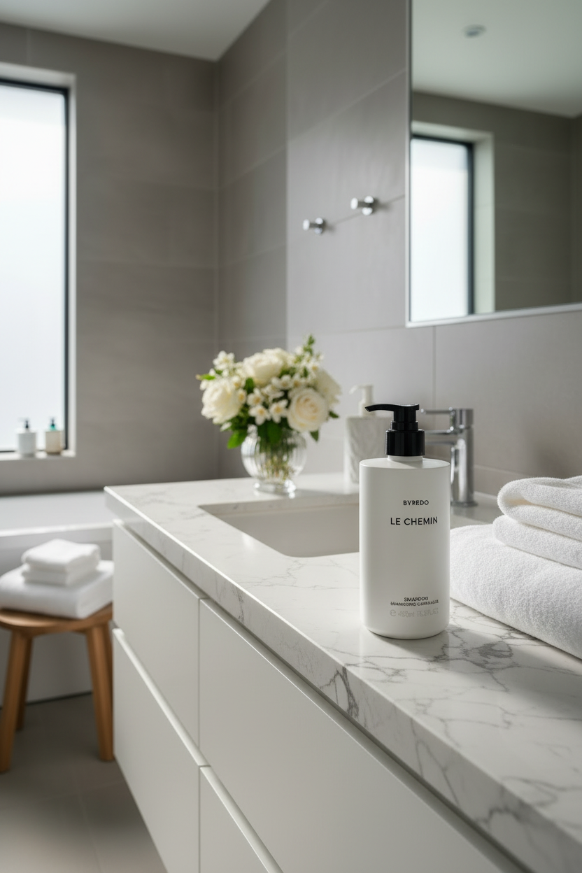 Byredo Le Chemin Shampoo luxury flat lay with roses jasmine flowers on white marble - premium hair care shampoo