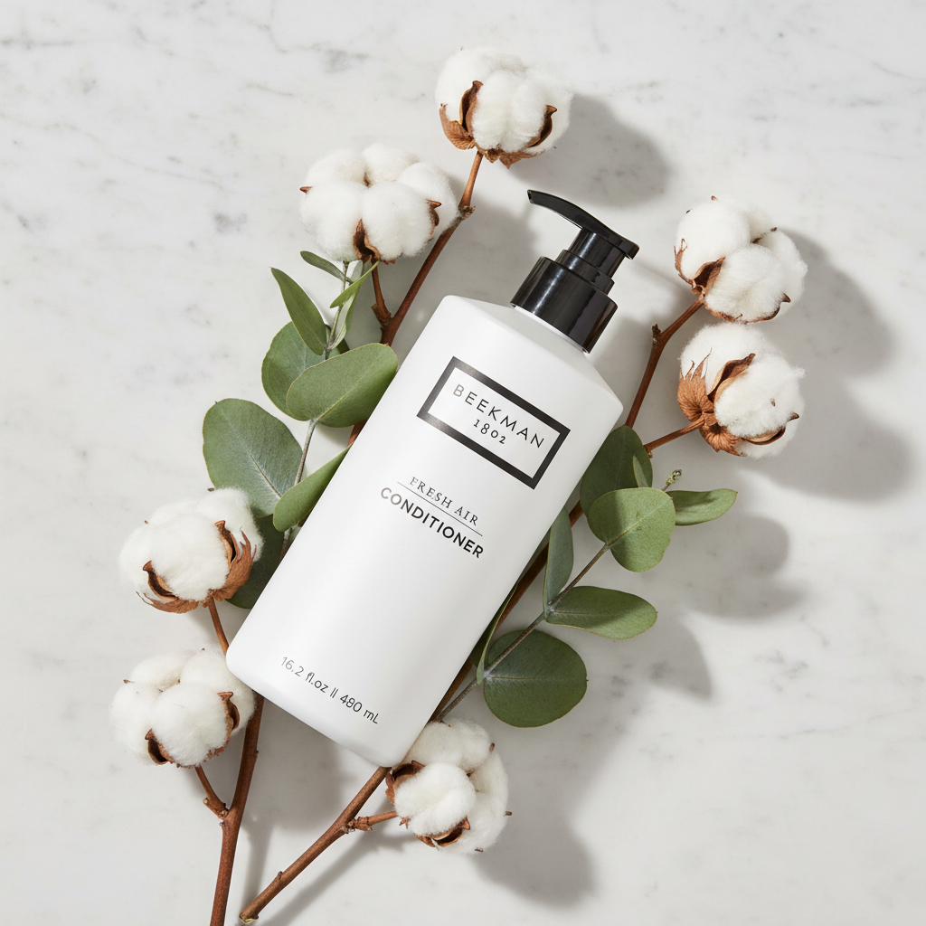 Beekman 1802 Fresh Air Conditioner luxury flat lay white frosted bottle with white cotton flowers eucalyptus on white marble - goat milk conditioner clean fragrance