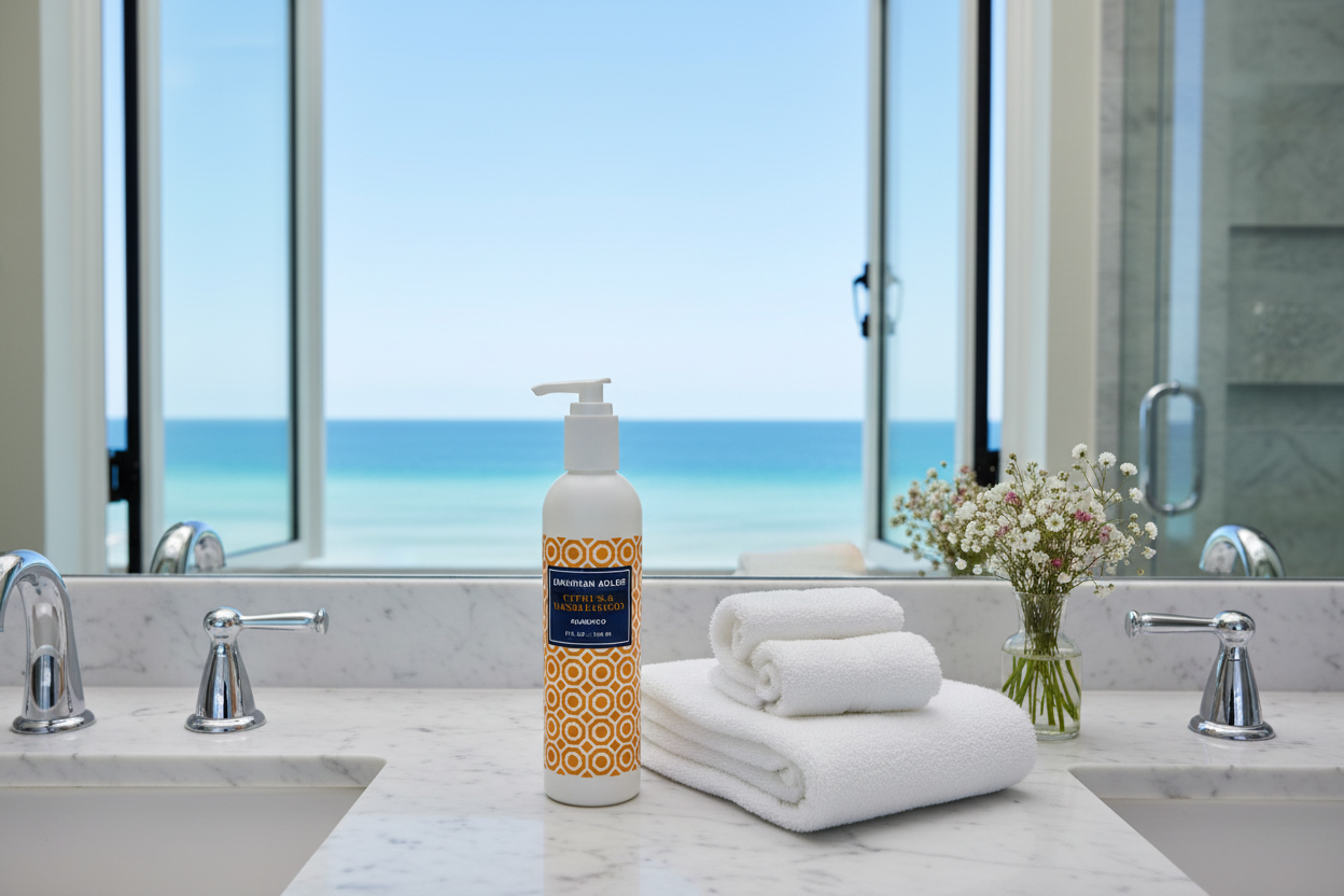 Jonathan Adler Citrus & Sandalwood Shampoo on marble vanity with ocean view