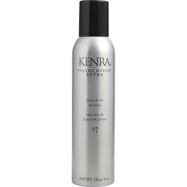 Front view of the silver 8 oz Kenra Volume Mousse Extra Firm Hold aerosol can with a black cap and firm-hold label.