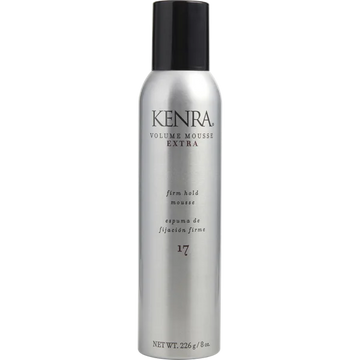 Front view of the silver 8 oz Kenra Volume Mousse Extra Firm Hold aerosol can with a black cap and firm-hold label.