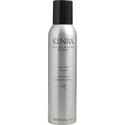 Front view of the silver 8 oz Kenra Volume Mousse Extra Firm Hold aerosol can with a black cap and firm-hold label.