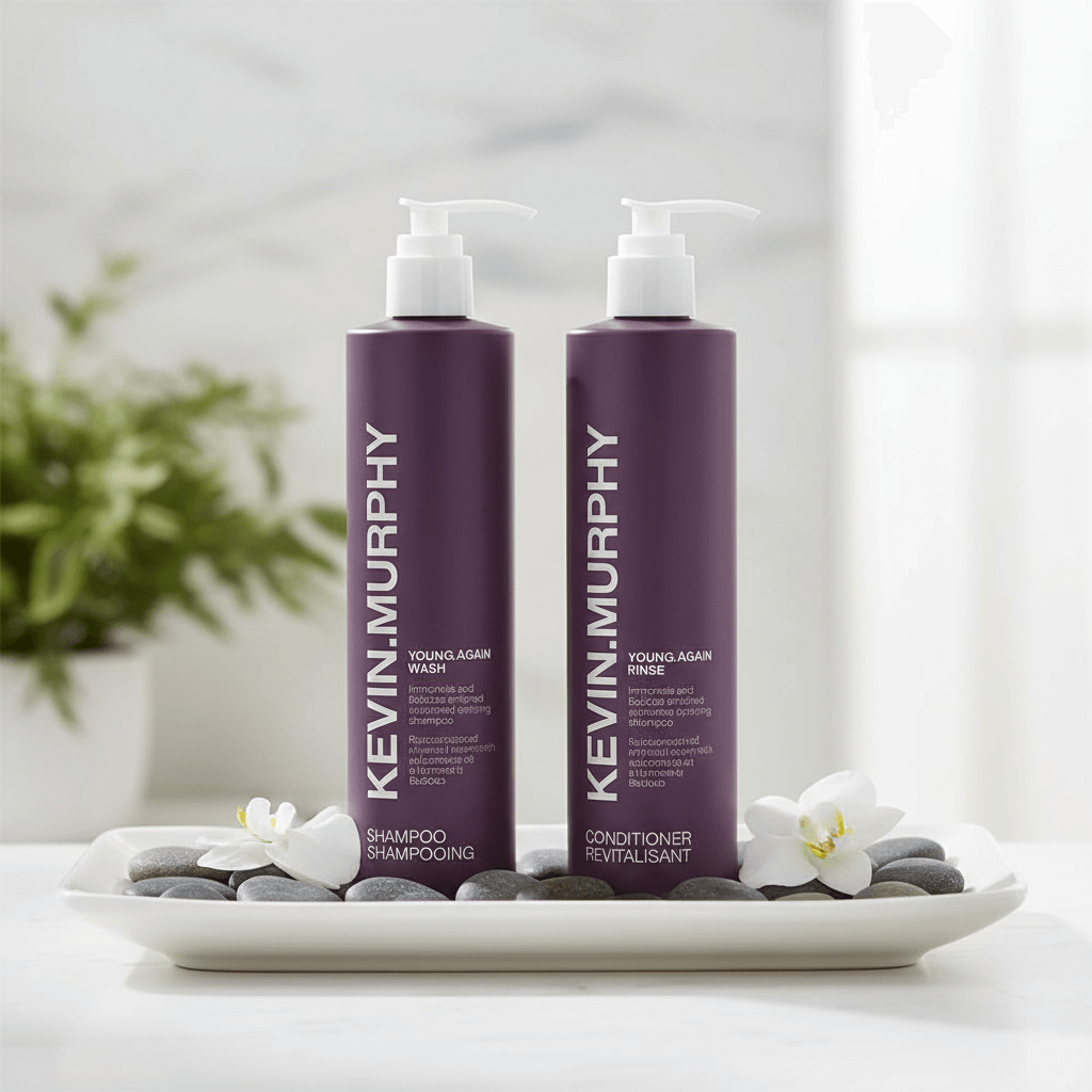 Kevin Murphy Young.Again Restorative Hair Duo featuring shampoo and conditioner for revitalizing hair.