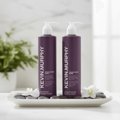 Kevin Murphy Young.Again Restorative Hair Duo featuring shampoo and conditioner for revitalizing hair.