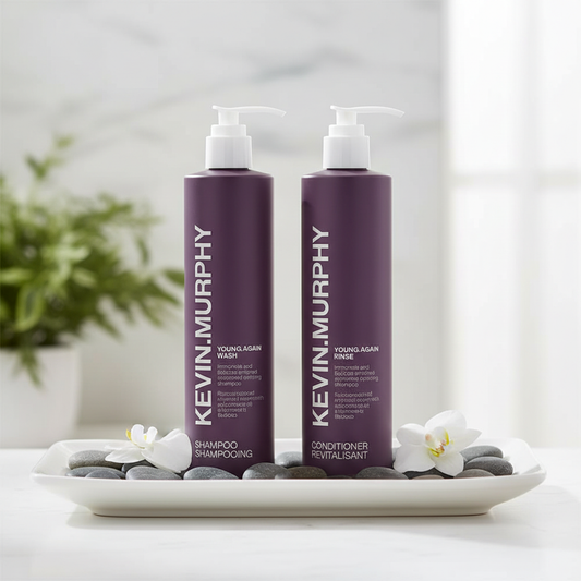 Kevin Murphy Young.Again Restorative Hair Duo featuring shampoo and conditioner for revitalizing hair.