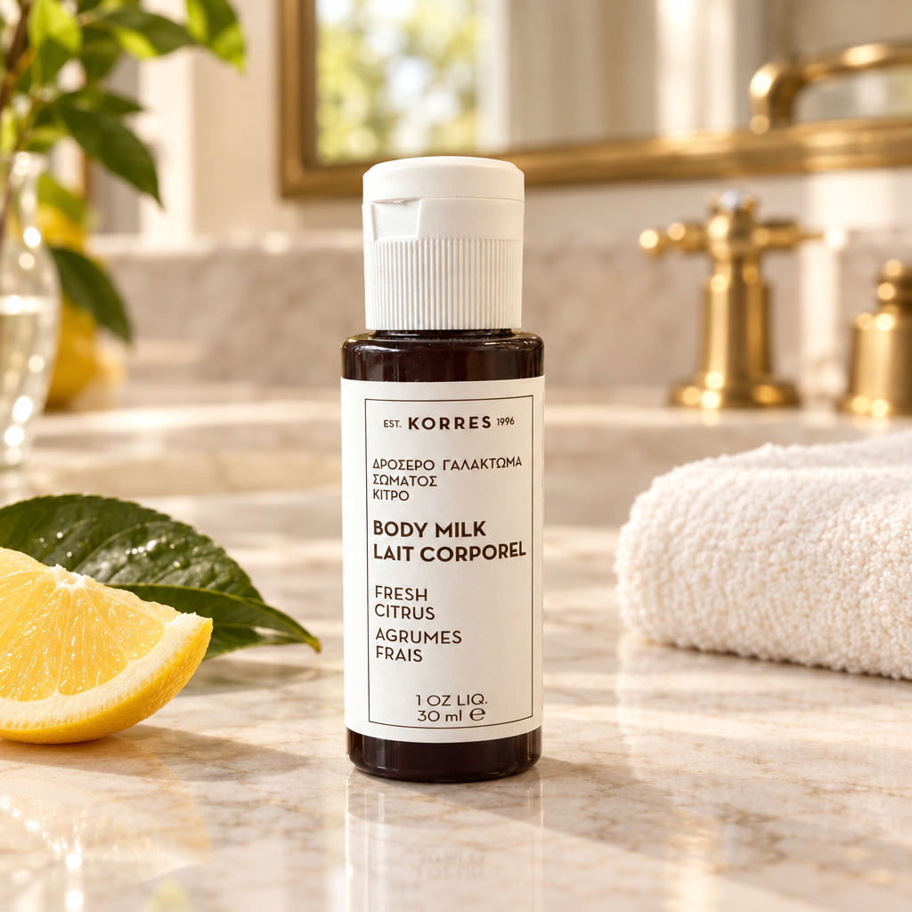 Korres body milk on a bathroom vanity