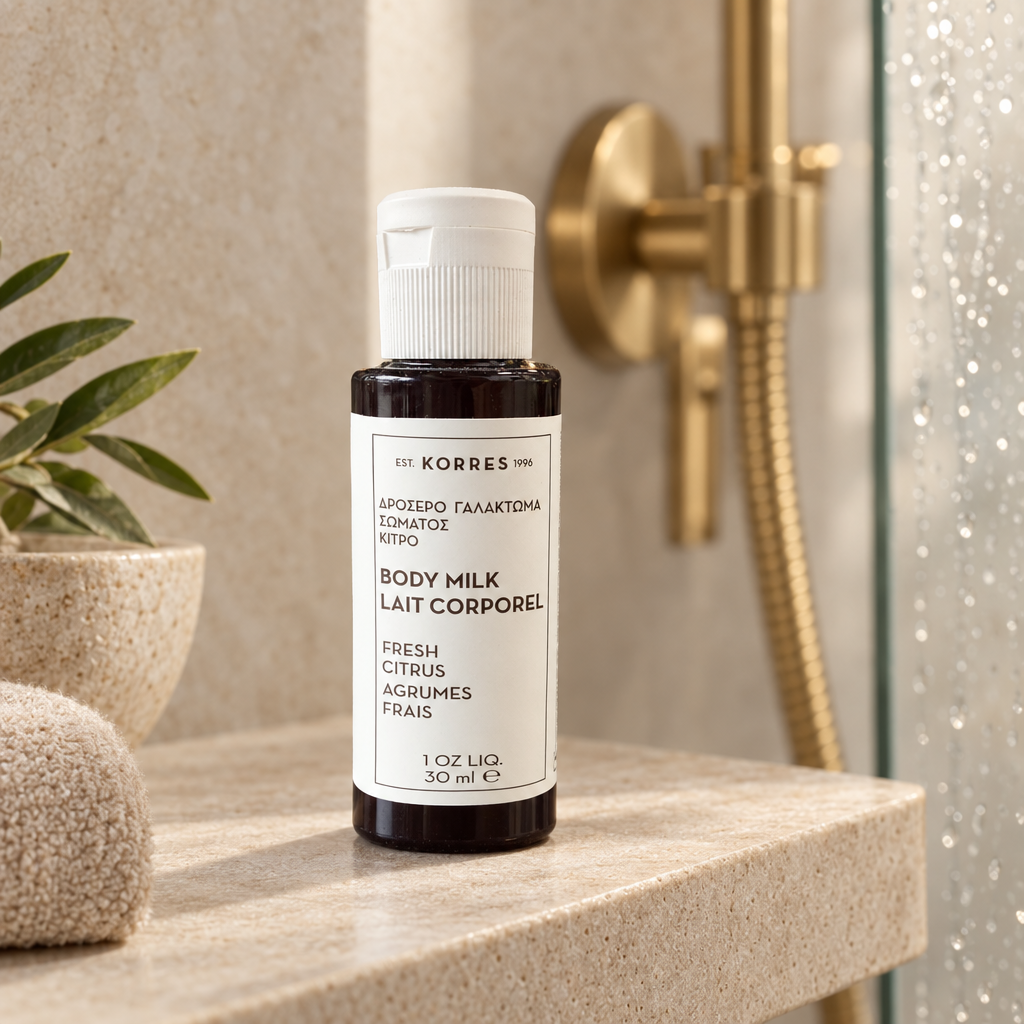Korres body milk on a dry shower shelf