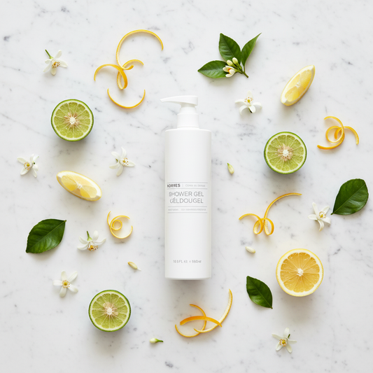 Korres Citrus Fresh Shower Gel | 12.2 oz. surrounded by citrus fruits and flowers on a marble surface.