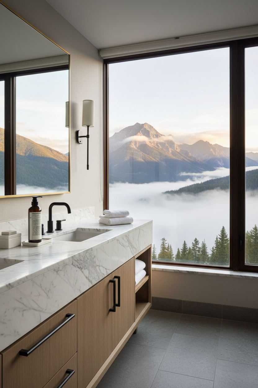 Luxurious bathroom view featuring Le Labo Bergamote 22 Body Lotion with mountains and mist in the background.