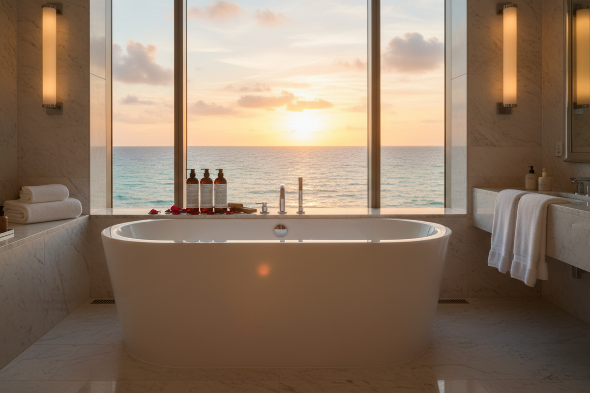 Luxurious bathroom with ocean view featuring Le Labo Rose 31 Conditioner on the countertop for a spa-like experience.