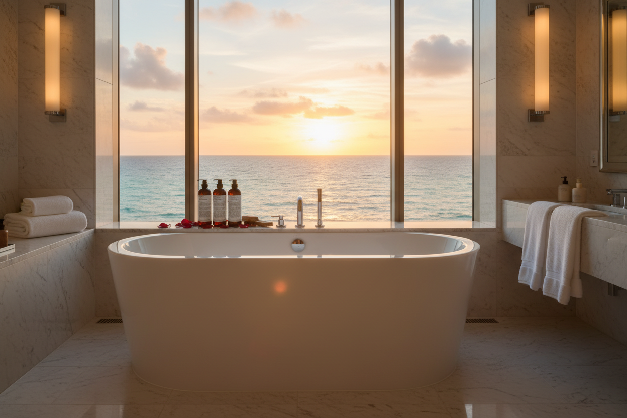 Luxurious bathroom with ocean view featuring Le Labo Rose 31 Conditioner on the countertop for a spa-like experience.