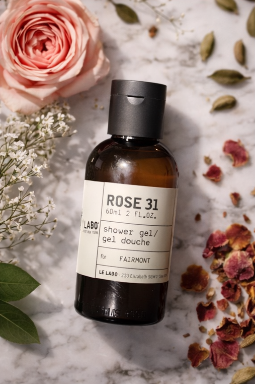 Le Labo 'Rose 31' shower gel 
Luxury Shower gel 
used at Fairmont hotels