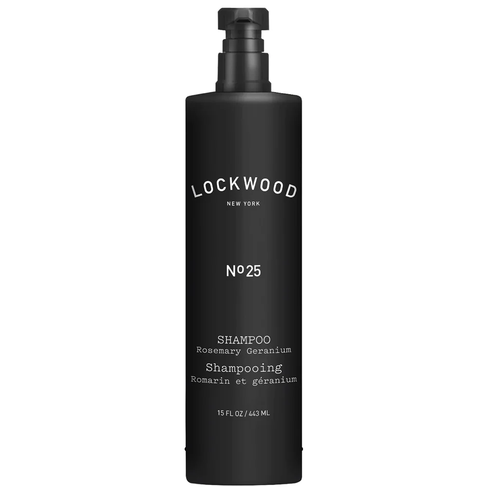 Lockwood New York Shampoo bottle featuring Rosemary Geranium formula, 15 fl oz, designed for sensitive skin care.