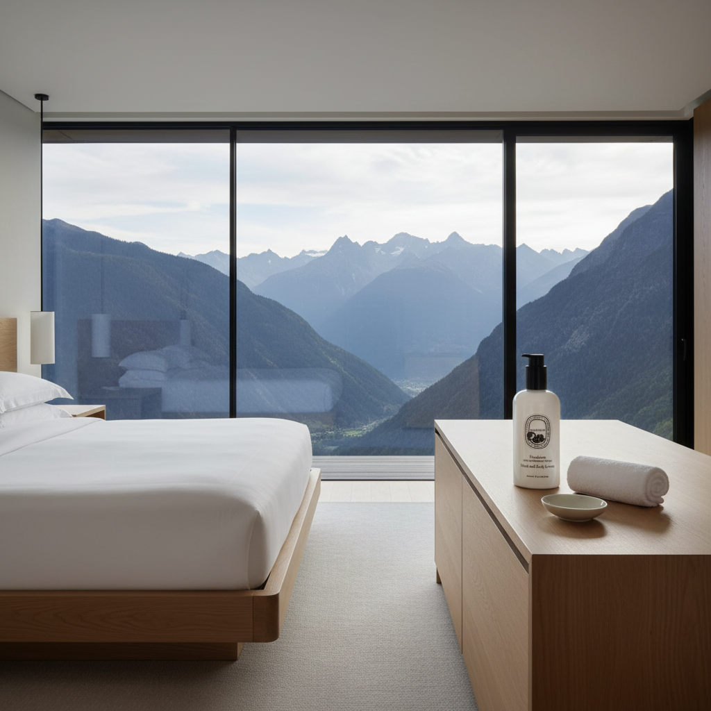 Diptyque Philosykos Hand & Body Lotion displayed in a luxurious room with stunning mountain views.