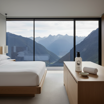 Diptyque Philosykos Hand & Body Lotion displayed in a luxurious room with stunning mountain views.