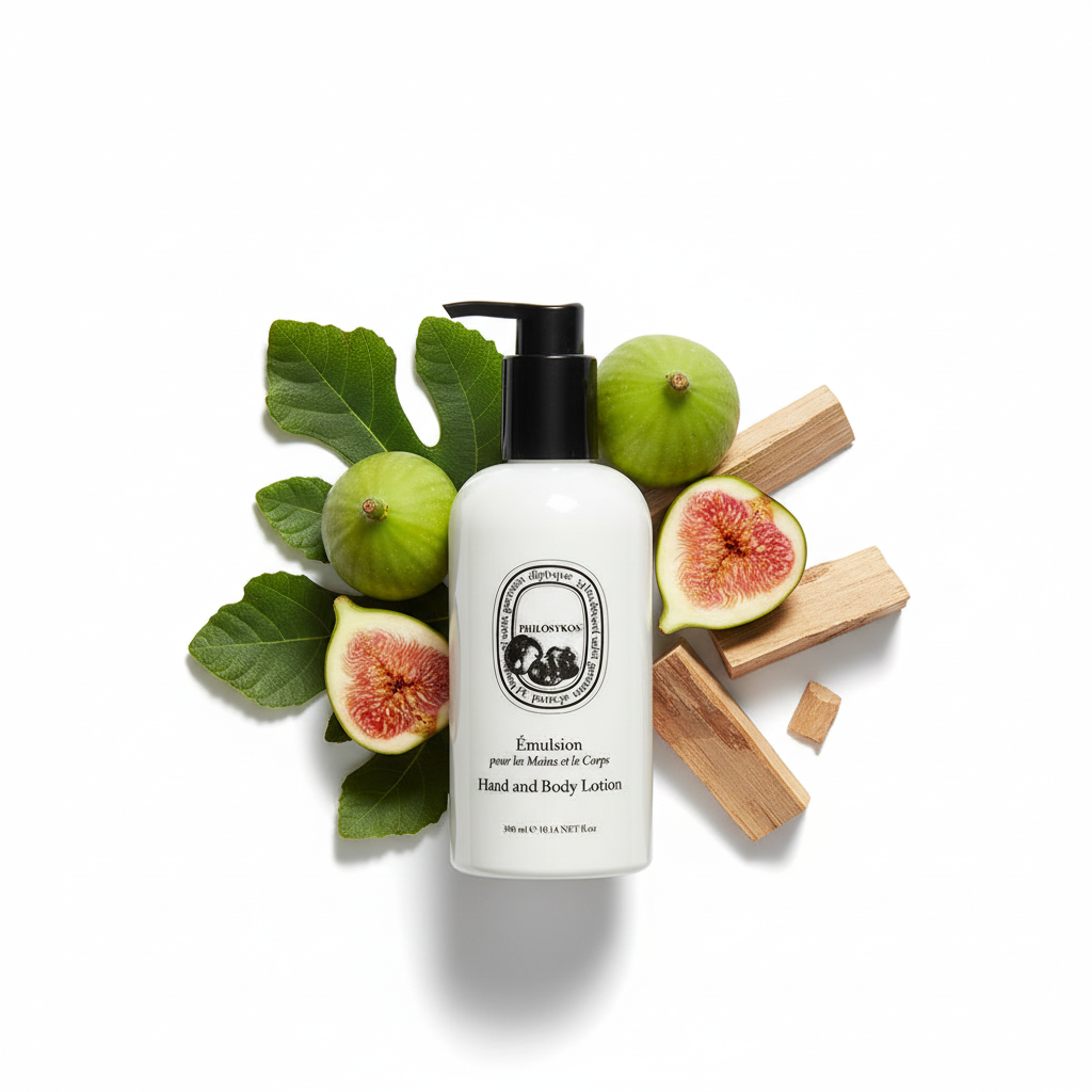 Diptyque Philosykos Hand & Body Lotion with Mediterranean fig and leaves, displayed elegantly.