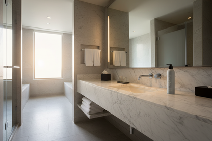 Marriott 39 North Hand & Body Wash displayed in a modern hotel bathroom with marble countertops.