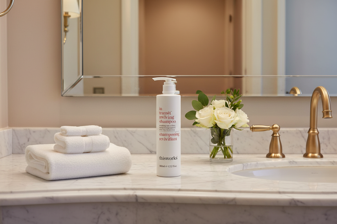 thisworks In Transit Reviving Shampoo - flat lay with citrus and ginger on marble