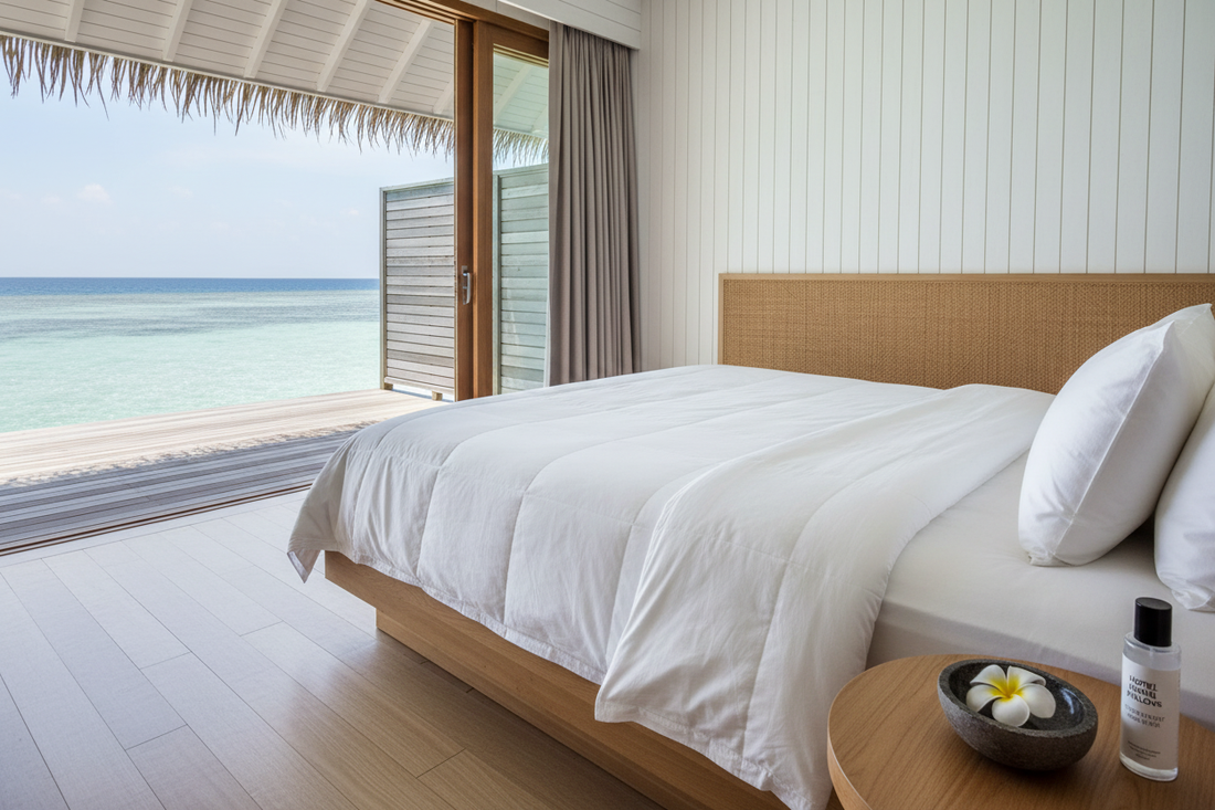 IHG hotel bed bundle for queen duvet being pulled back to reveal soft, cozy bedding.