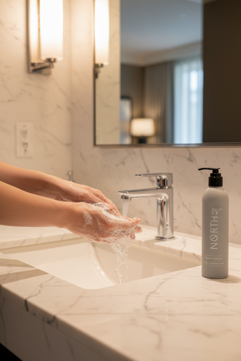 Marriott 39 North Hand & Body Wash 12 oz bottle surrounded by green leaves and purple flowers on marble surface.