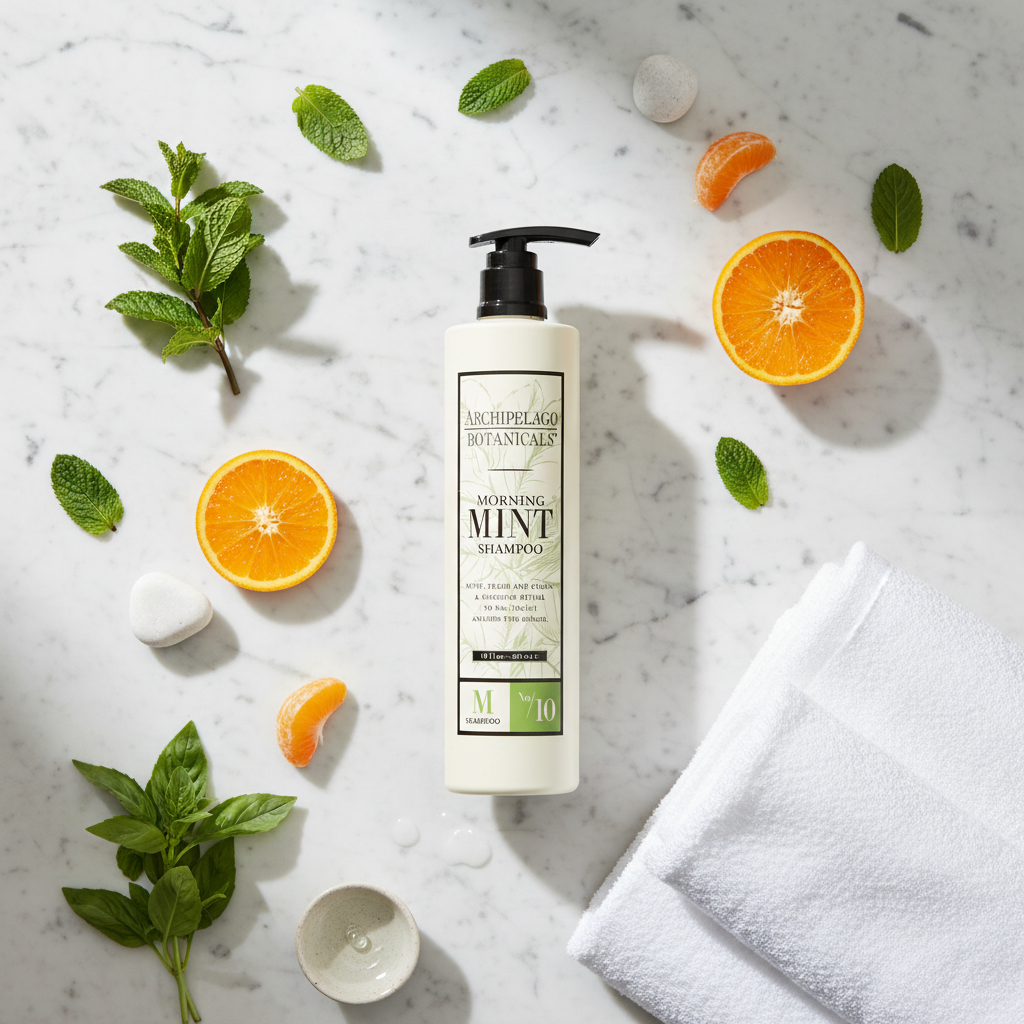Archipelago botanicals Morning Mint flat lay shampoo 