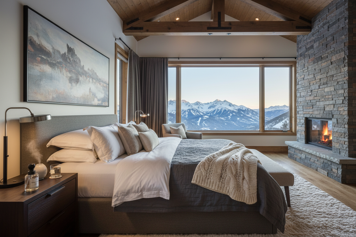 Mountain Resort Bedroom with luxury hotel pillows