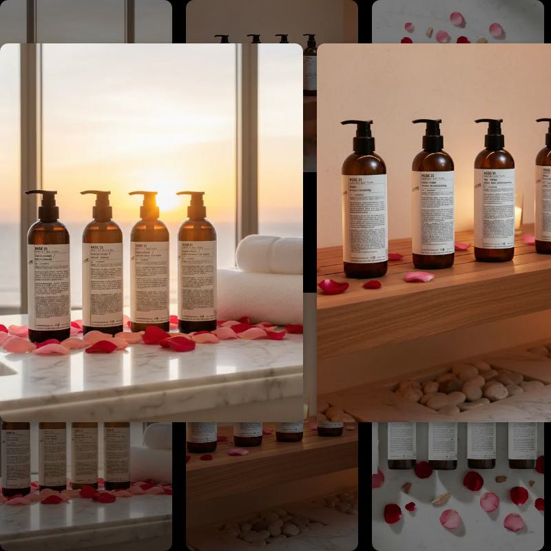 Luxury Le Labo Rose 31 hotel bath and body set with premium shampoo, conditioner, and body lotion to recreate a five-star hotel spa experience at home.