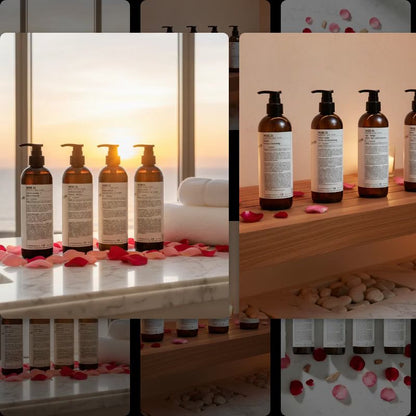 Luxury Le Labo Rose 31 hotel bath and body set with premium shampoo, conditioner, and body lotion to recreate a five-star hotel spa experience at home.