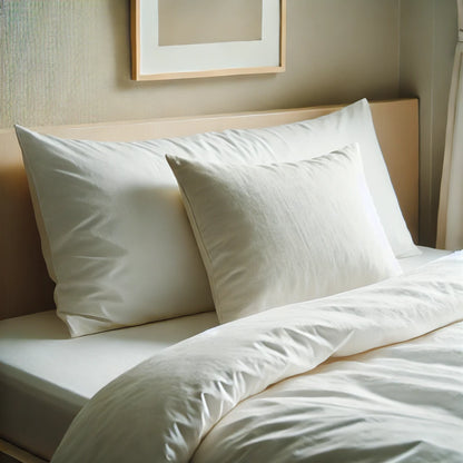 Two white pillows on a bed in a hotel room setting