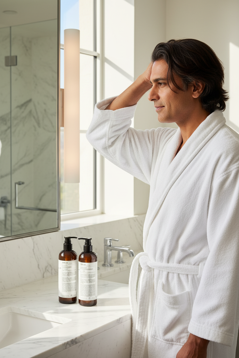 Le Labo Rose 31  Shampoo and COnditioner   showing gentleman in white robe with beautiful hair after using Le Labo, this is Luxury Hair care  you can bring home
