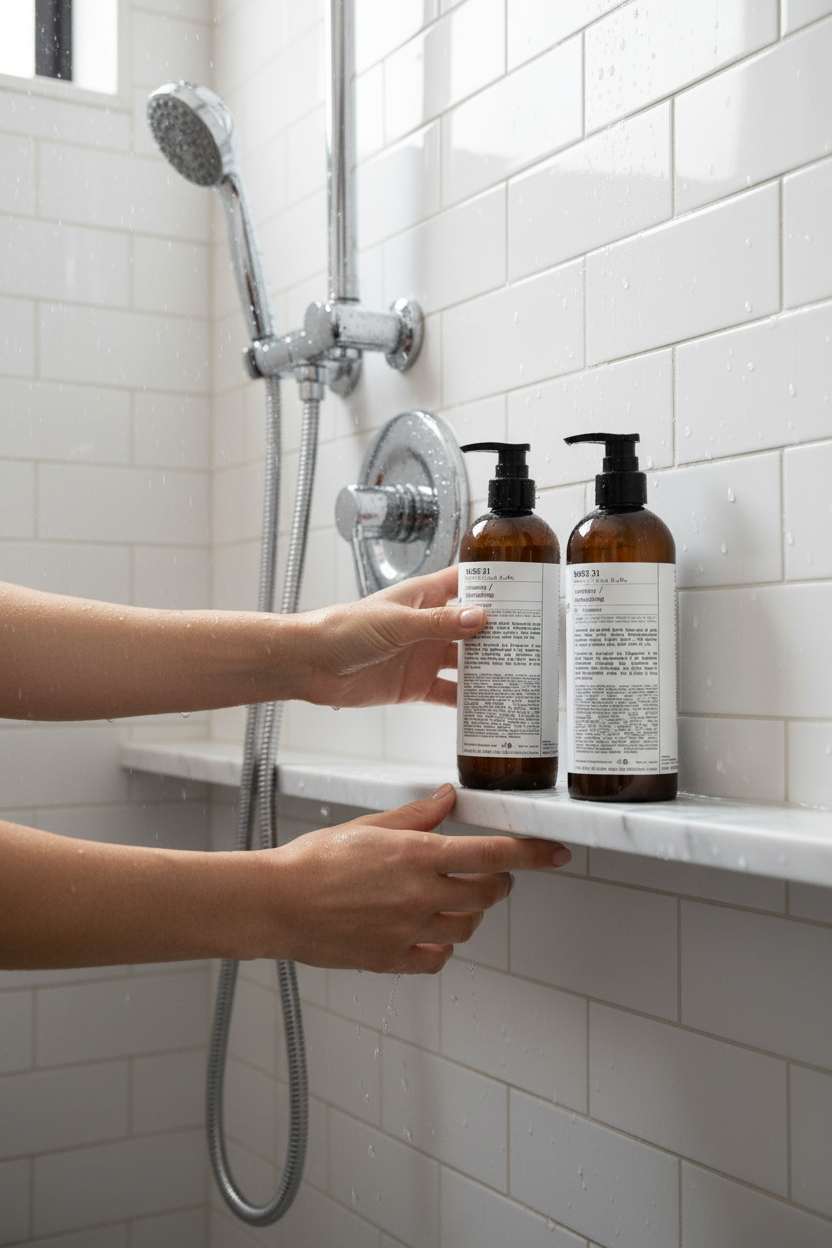 Le Labo Rose 31  Shampoo and COnditioner  in white tiled and marble shower Hair care  you can bring home