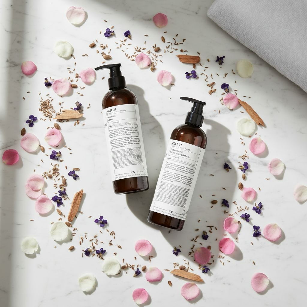 Le Labo Rose 31  Shampoo and COnditioner on Marble Counter with scent elements Luxury Hair care  you can bring home