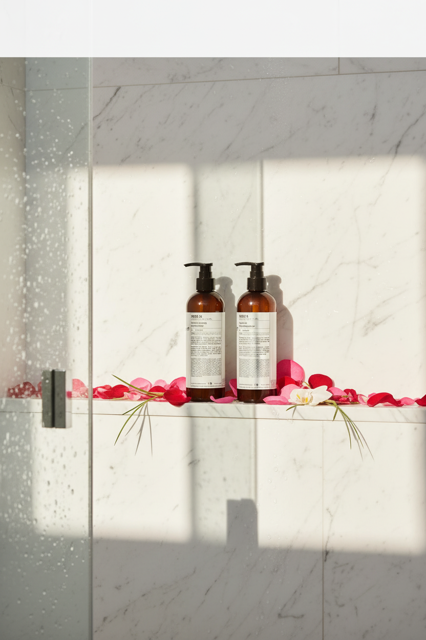 Le Labo Rose 31  Shampoo and COnditioner  on shower shelf Luxury Hair care  you can bring home