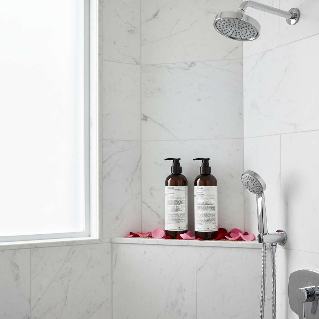 Le Labo Rose 31  Shampoo and COnditioner on Marble Counter with scent elements Luxury Hair care  you can bring home