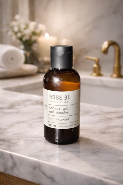 Bottle of Rose 31 shower gel on a marble countertop with a bathroom setting.