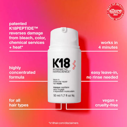 K18 product graphic featuring the 50 mL Leave-In Molecular Repair Hair Mask and callouts for four-minute use, leave-in application, damage repair, and vegan, cruelty-free positioning.