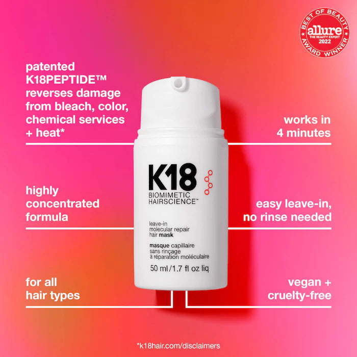 K18 product graphic featuring the 50 mL Leave-In Molecular Repair Hair Mask and callouts for four-minute use, leave-in application, damage repair, and vegan, cruelty-free positioning.