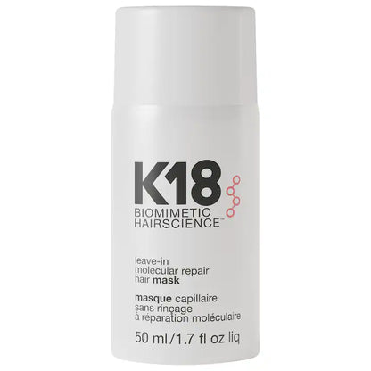Front view of the white K18 Leave-In Molecular Repair Hair Mask bottle, labeled 50 mL / 1.7 fl oz.