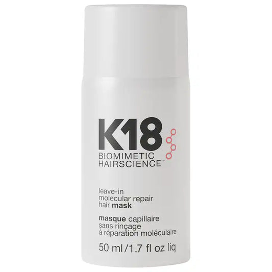 Front view of the white K18 Leave-In Molecular Repair Hair Mask bottle, labeled 50 mL / 1.7 fl oz.