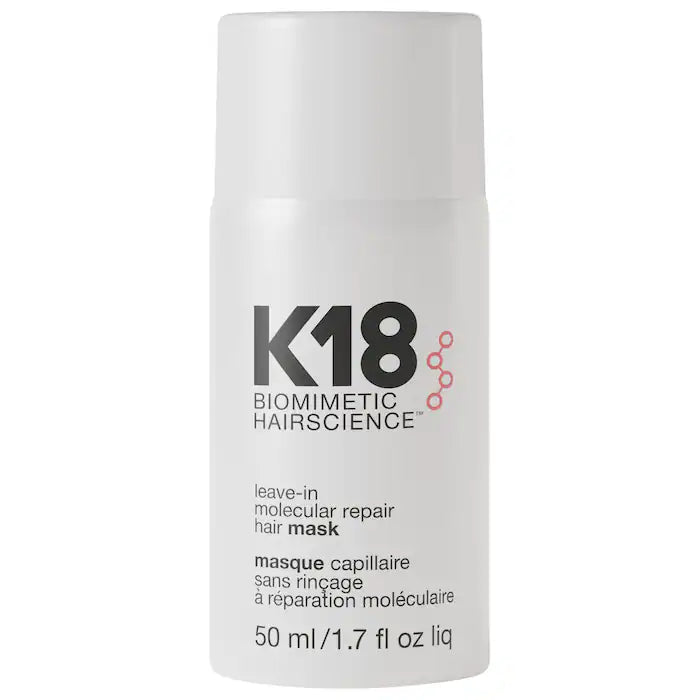 Front view of the white K18 Leave-In Molecular Repair Hair Mask bottle, labeled 50 mL / 1.7 fl oz.