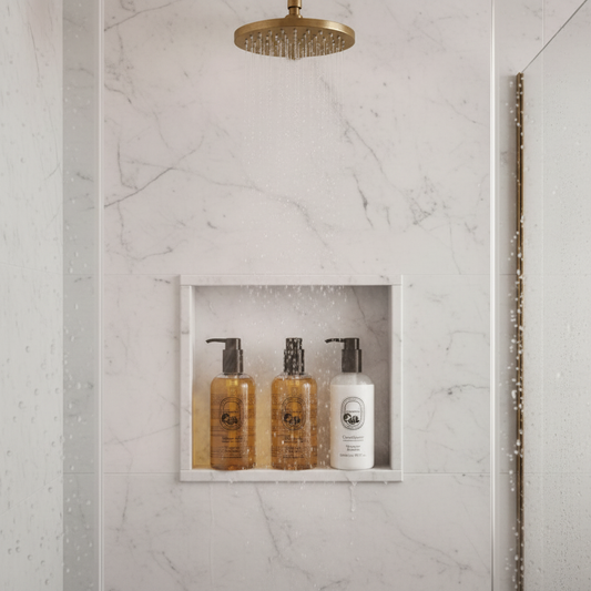 Diptyque Philosykos Shampoo displayed in a luxury shower alongside other hair care products