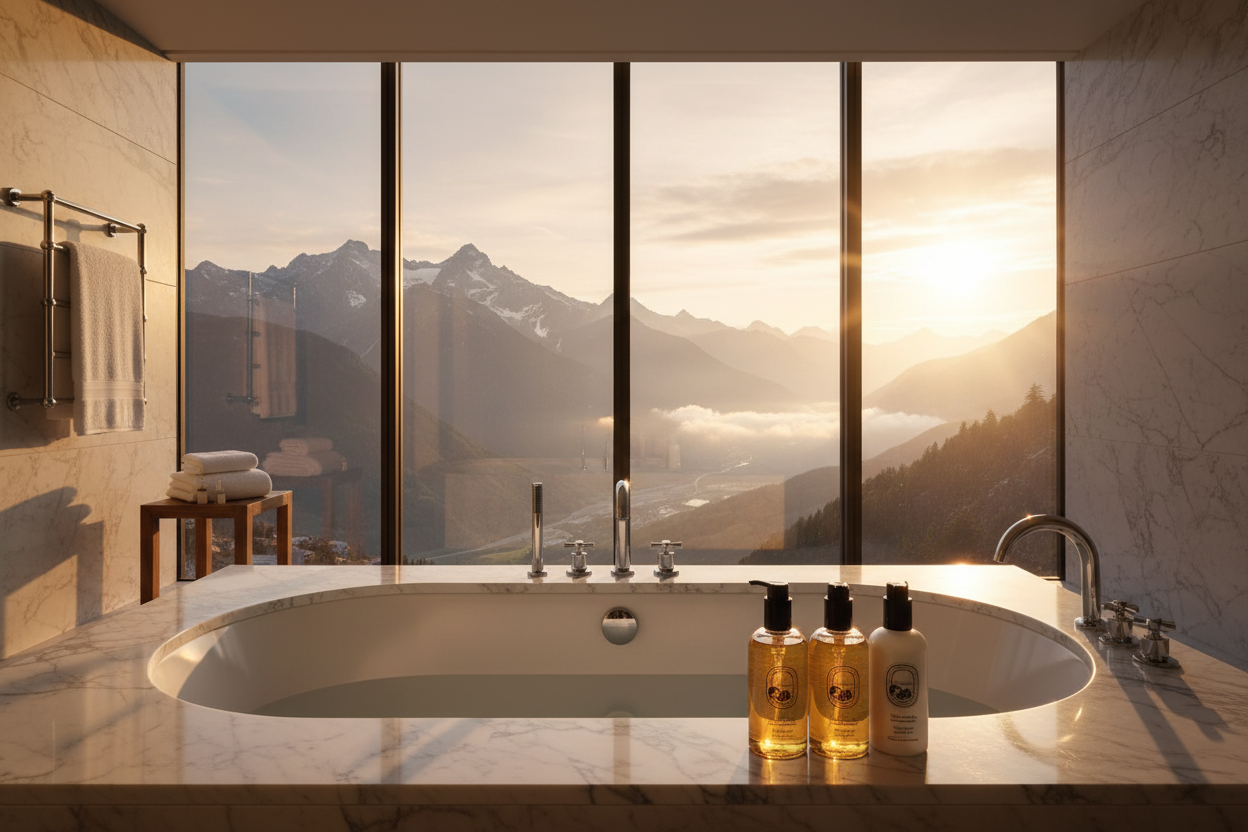 Diptyque Philosykos Shampoo bottles displayed in a luxurious bathroom with mountain views at sunset.