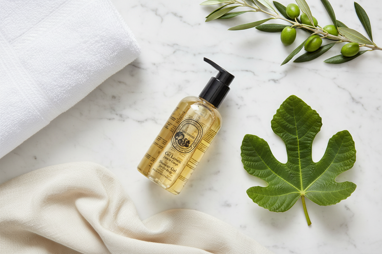 Diptyque Philosykos Shower Gel with a towel and fig leaf on a marble surface.