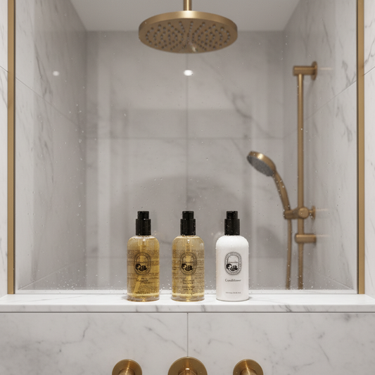 Diptyque Philosykos Shower Gel and other luxurious products in a modern shower space.