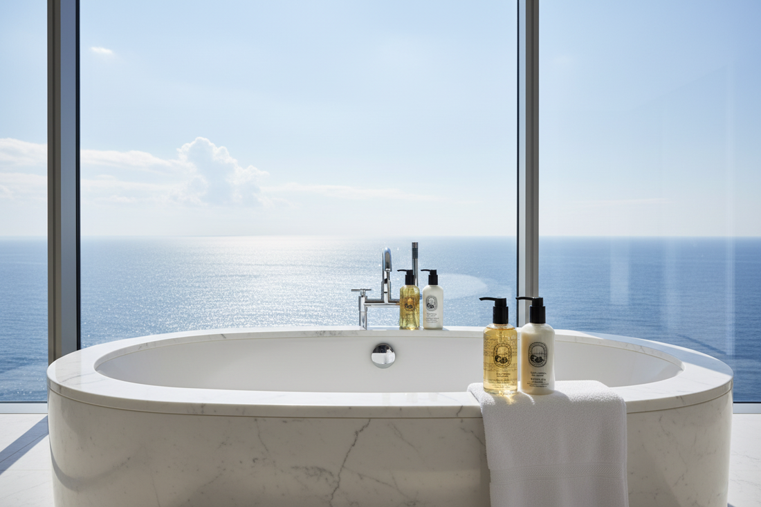 Diptyque Philosykos Shower Gel with a towel and fig leaf on a marble surface.